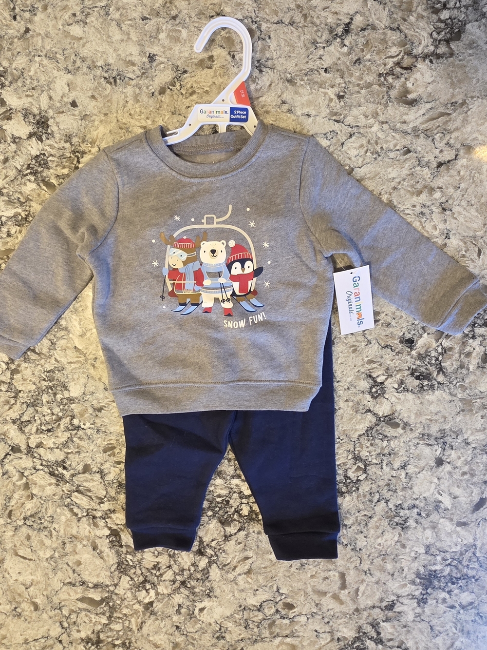NWT 12M Garanimals Gray Sweatshirt with Navy Joggers - Snow Fun Graphic